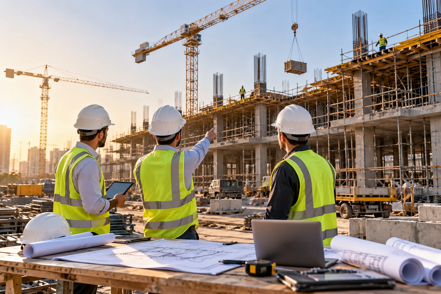 Project team supervising construction
